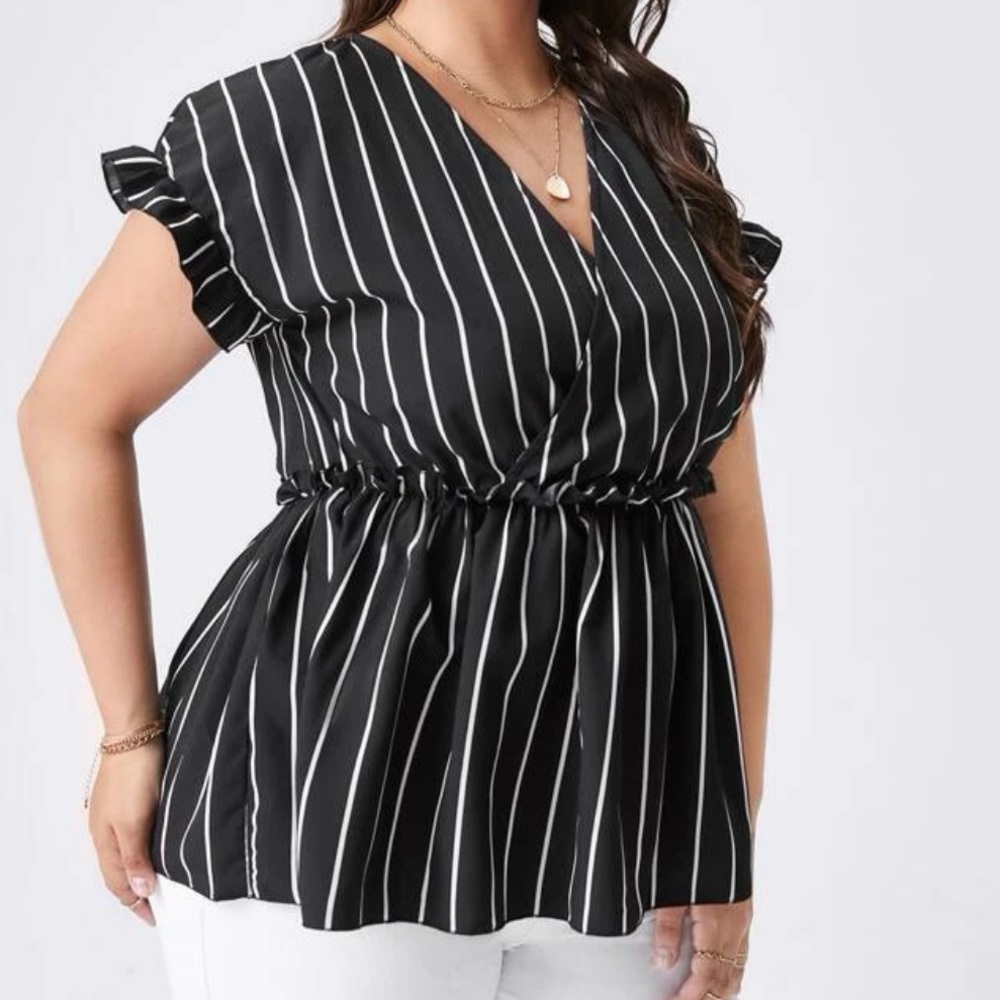 Shein 4XL  Black Surplice Neck Ruffle Blouse